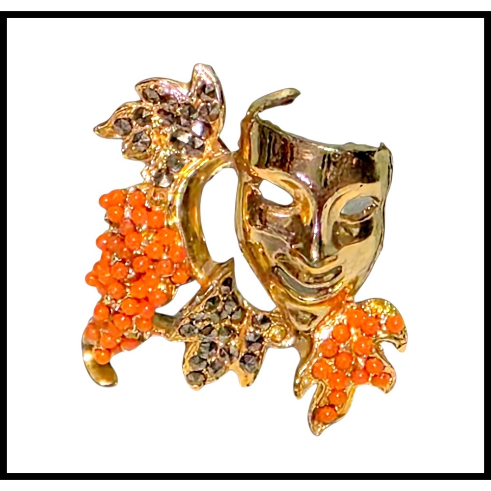 Vintage Gold Tone Theater Mask Brooch Orange Grape Cluster Rhinestone‎ Leaf Pin